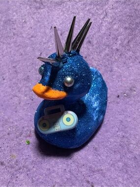 Blue Glitter Punk Rubber Duck with Orange Beak and silver Spike Crown